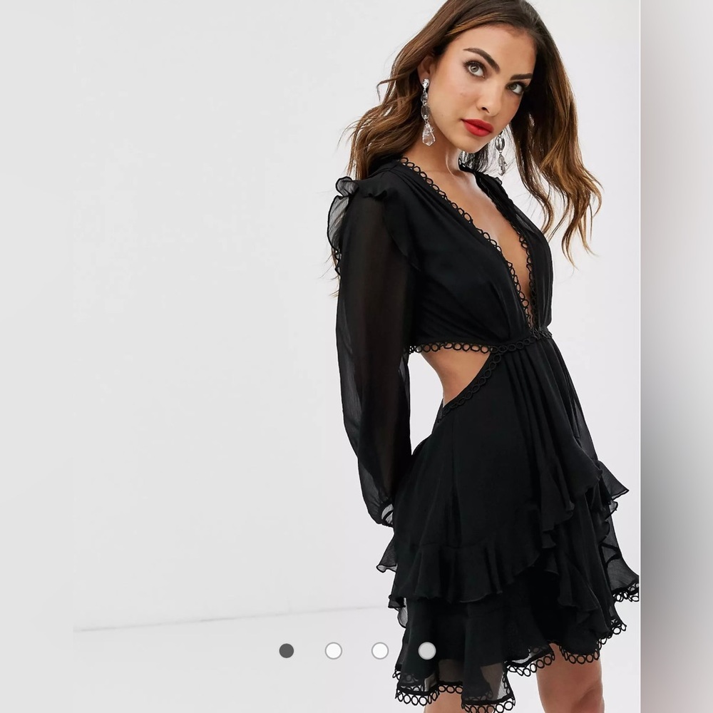 ASOS black mini dress with long sleeve and circle trim, size S